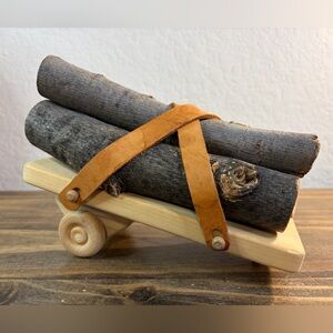 Vintage Hand Made Wood Trailer W/ Real Logs & Leather Straps Primitive Americana